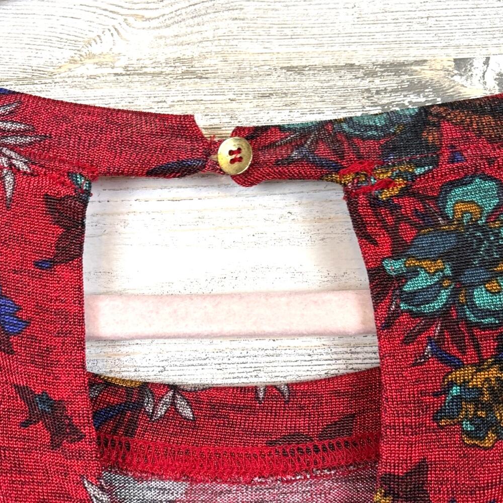 Free People Womens S Red Floral Dock Street Ruffle Stretch Boho Top NEW - Picture 6 of 8